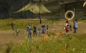 An in-game capture of a popular town in Guild Wars